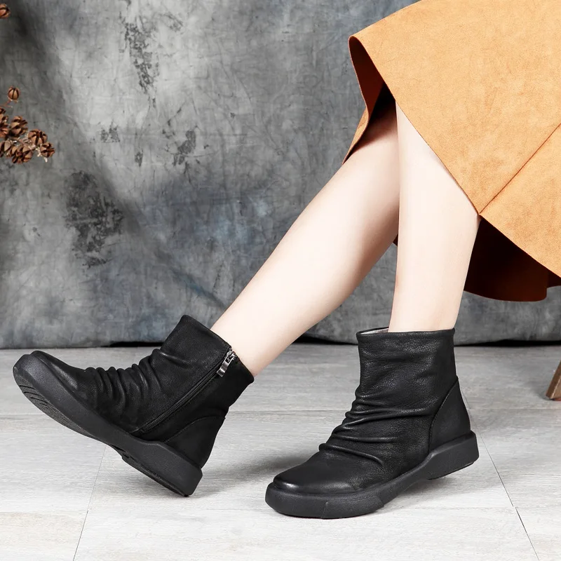 

Pleated Ankle Boots Shoes Woman 2018 New Arrival Lady Flat Booties Natural Leather Handmade Round Toe Solid Female Shoes