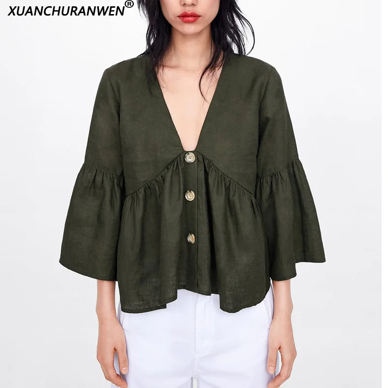 

Women Spring Flare Sleeve Cotton Linen Blouse Summer Button Pleated V neck Shirts Ladies Female Solid Tops XB9252