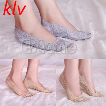 

KLV Fashion Women's Socks Summer Lady Cotton Blend Lace Short Ankle Female Antiskid Invisible Liner No Show Low Cut Socks