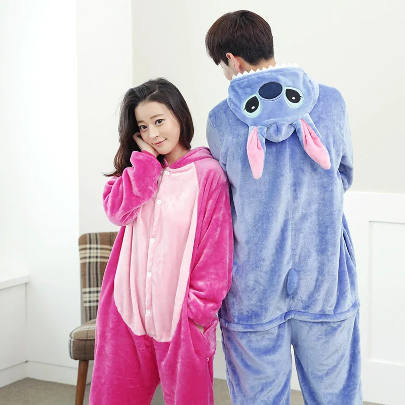 Adult Flannel Kigurums Unisex Blue Pink Stitch Pajamas Animal Onesie One Piece Pyjamas Cosplay Costume Jumpsuit