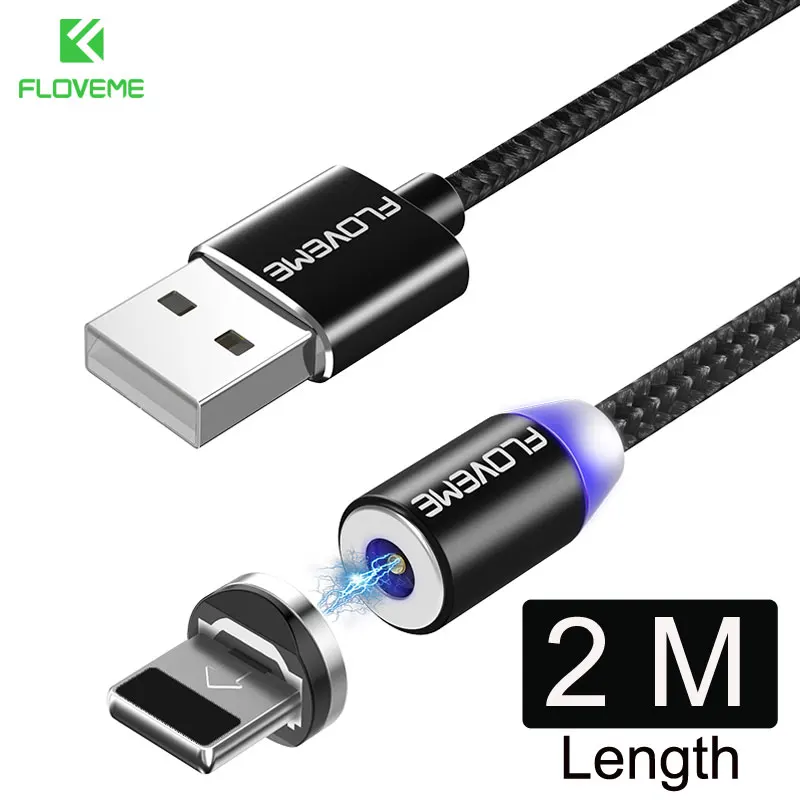 FLOVEME 1 м светодио дный Магнитная USB кабель Micro USB/Тип C/для Apple iPhone X XS Max магнитное зарядное устройство, кабель для samsung Xiaomi LG Кабо зарядное устройство usb кабель магнитная зарядка кабель - Цвет: 2 M Black