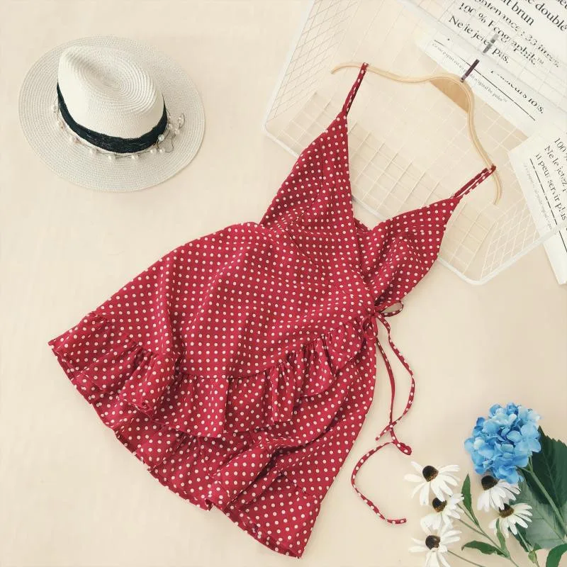 

Women Dot Pattern Print Beach Dresses Sexy Vestidos Ladies V Neck Spaghetti Strap Irregular Ruffles Hem Mini Dress