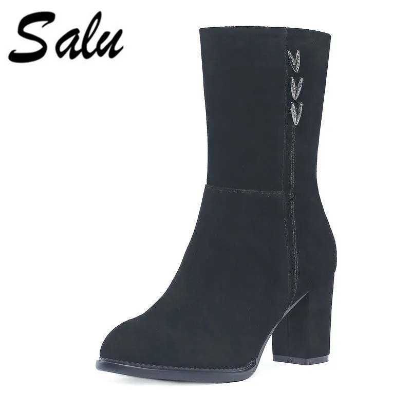 

Salu fashion zipper riding boots real wool lining Winter shoes genuine leather platform high heel women boots
