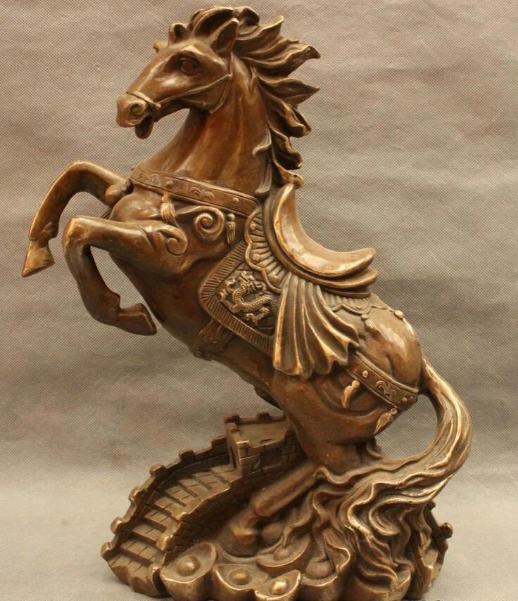 

song voge gem S5397 15" Folk China Year Zodiac Bronze Copper Wealth Jump Horse On Great Wall Statue