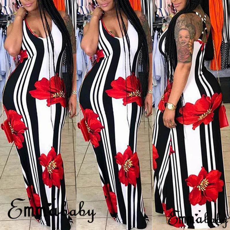

Women's Boho Casual Long Plus Size Summer Dresses 2018 New Ladies Evening Party Beach Bandage Printed Maxi Dress Female Vestidos