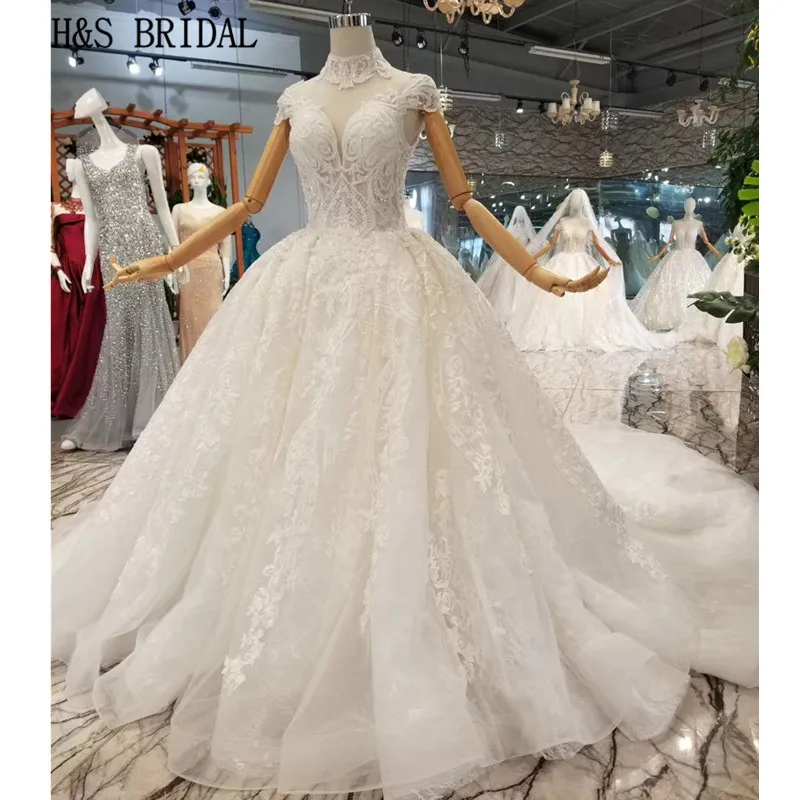 

H&S BRIDAL Organza wedding dresses lace high neck arabic dubai wedding dress vintage gowns 2019 vestido de novia