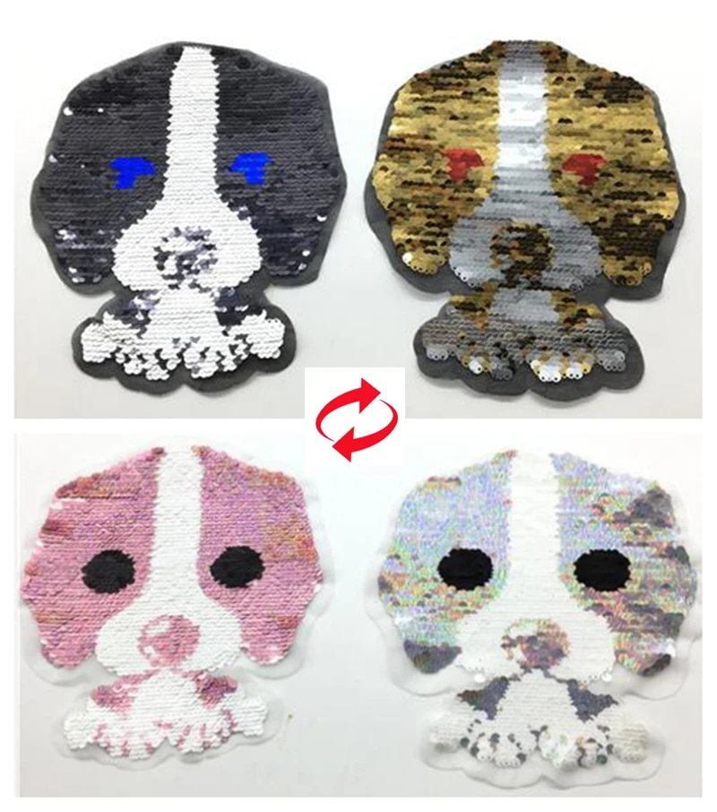 Cartoon Dogs Reversible Sequins Sew On Patches for clothes Kids Boy Girl T Shirt Coat