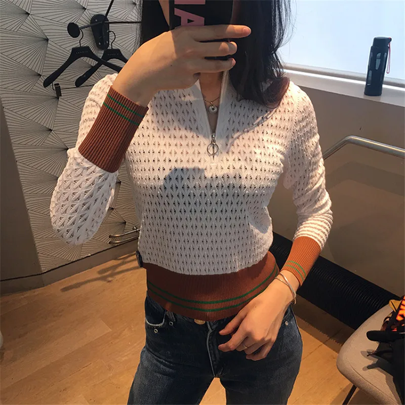 Zipper Turtleneck Women Sweater Skinny Elastic Knitted Hollow Out Sexy Pullover Feminino Soft Femme Jumper High Quality C-217