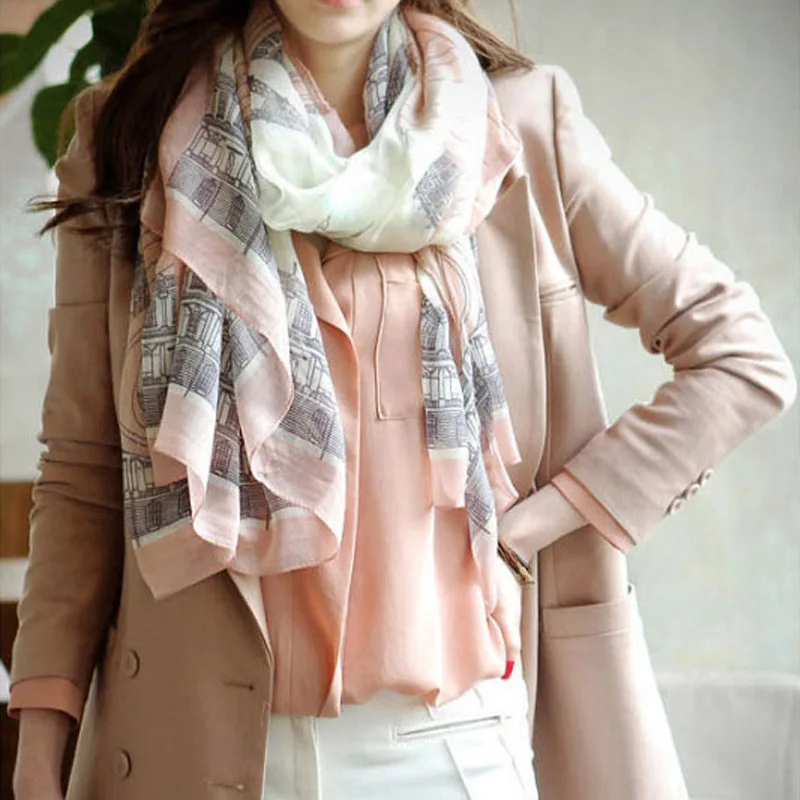 

2019 Eiffel Tower Print Europe Style Charming Elegant Long Cotton Neck Scarf Pink Thin Wrap Stole Shawl Casaul Harajuku Hot Sale