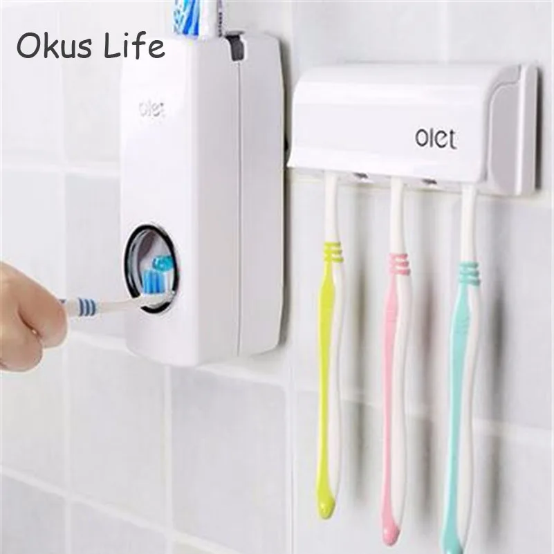 

Newest 1 Set Tooth Brush Holder Automatic Toothpaste Dispenser + 5 Toothbrush Holder Toothbrush Wall Mount Stand Bathroom Tools