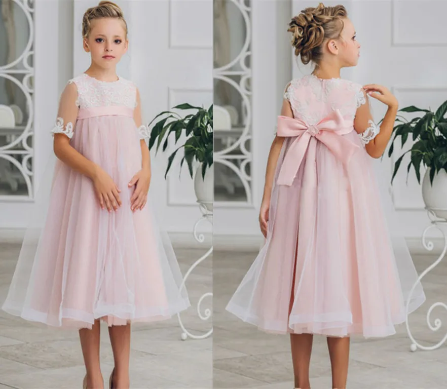 

New White Pink Flower Girl Dress for Weddings Lace Applique Birthday Party Frocks Mid-Calf Mother Daughter Dresses