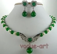 Замечательное слово драгоценный камень белый культивированный жемчуг зеленый камень ожерелье кулон серьги набор прекрасные женские серебряные ювелирные изделия