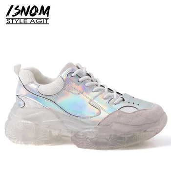 

ISNOM Cow Suede Transparent Flat Sneakers Platform Women Round Toe Footwear Clunky Shoes Female Casual Shoes Woman 2019 Spring