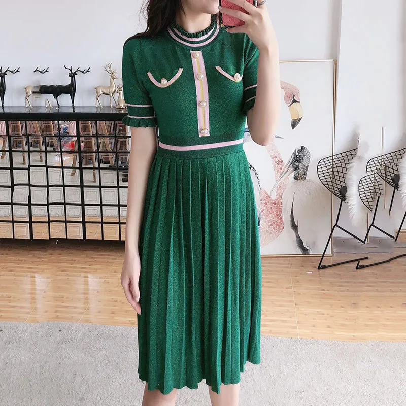 Модное трикотажное плиссированное платье для женщин летнее Короткое мини-платье с круглым вырезом и коротким рукавом женское Повседневное платье зеленые халаты