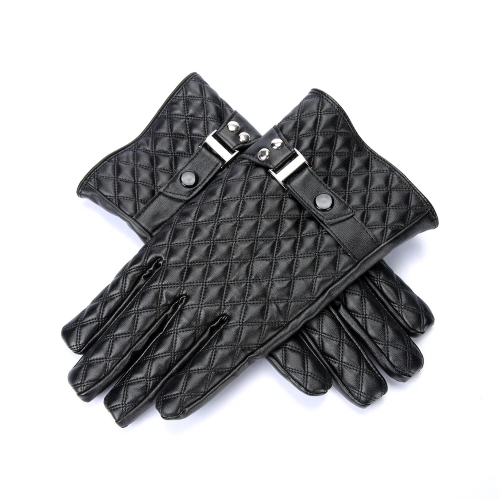 2pairs/pack Fashion Men Pu Leather Driving Gloves Winter Warm Mittens Plaid Black Velvet Lined