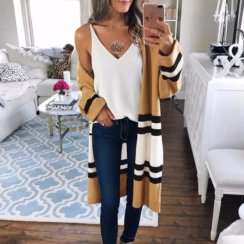 Outerwear & Coats Jackets Autumn Winter Long Sleeve Loose Casual Striped Sweater Cardigan coats and jackets women 2018JUL26