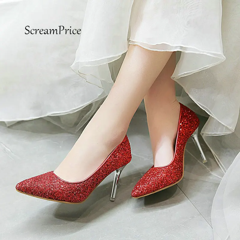 

Women Slip On With Sexy Thin High Heel Lazy Shoes Fashion Sequins Pointed Toe Dress Party Shoes Red Pink Gold Silver