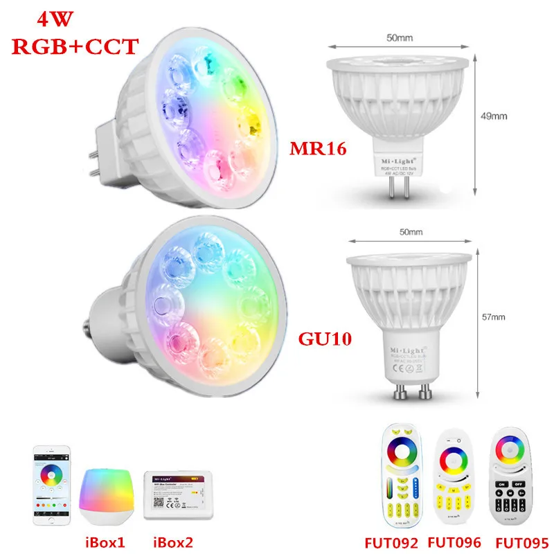 Beste AC DC12V Mi Light 4 W RGB + CCT LED Spotlight GU10 FUT103 MR16 FUT104 2.4G RF Afstandsbediening Draadloze WiFi Telefoon APP Controle RGBWW LED Lamp