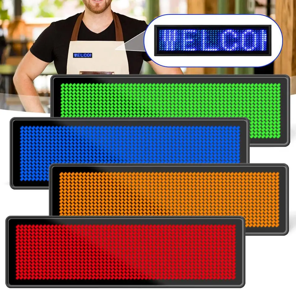 

7 Colors Mini LED Digital Rechargeable Scrolling Name Message Tag Sign Programmable Adjustable 4 levels Brightness Chest Card