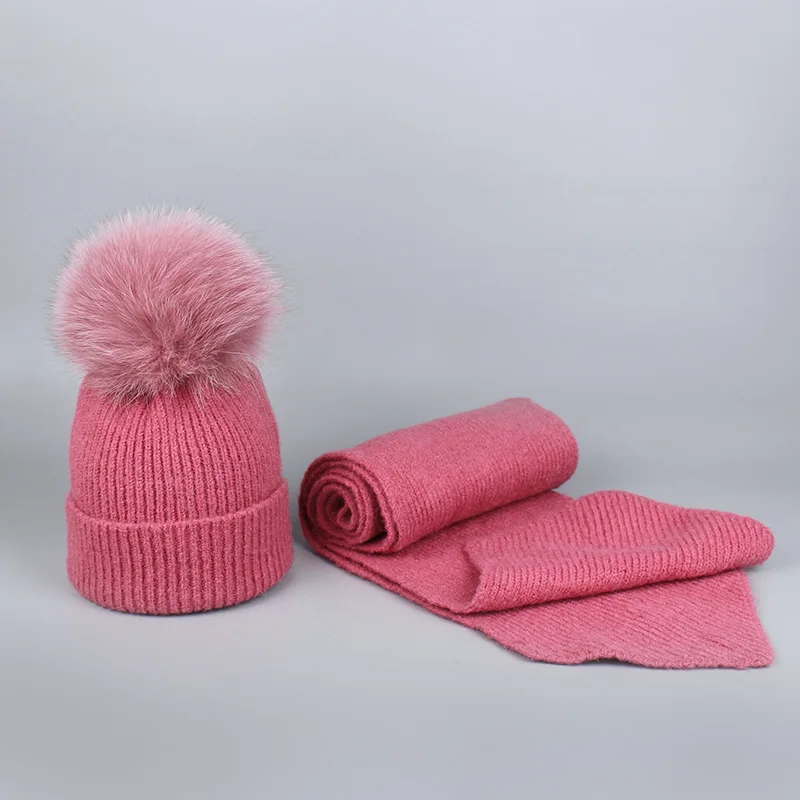 Для девочек Pom Beanie теплая вязаная Bobble меховым помпоном шапка и шарф комплект натуральным лисьим мехом помпоном зимняя шапка skullies - Цвет: E