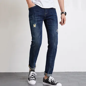

Jeans Men Male Korean version of the Slim tattered Men's pants 2020 Summer New Elastic Blue feet jeans More size 28-36