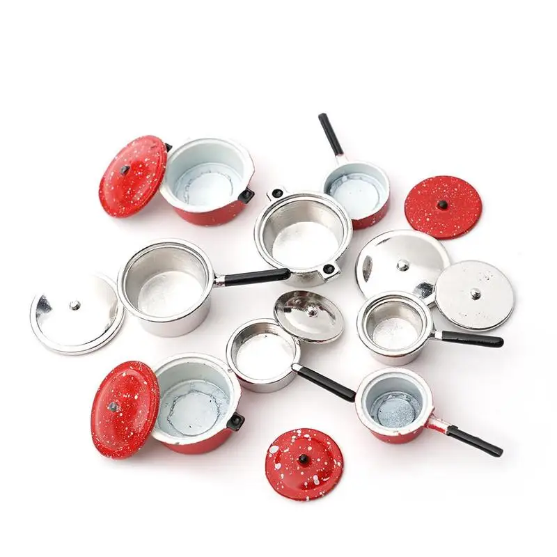 Dongzhur Dollhouse Miniature 1:12 DIY Doll House Kitchen Furniture Accessories White And Red Mini Pot With 4pcs Set Dropshipping