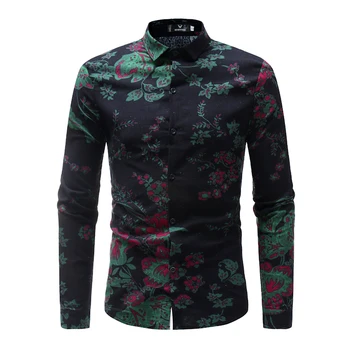 

Brand 2018 Hot Sale Fashion Male Shirt Long-Sleeves Tops Floral Print Mens Dress Shirts Slim Men Shirt Black Plus Size XXXL