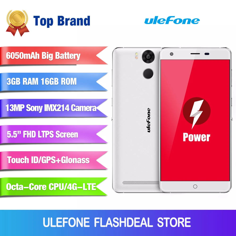 Ulefone Power Мобильный телефон 5.5 дюймов FHD MTK6753 Octa Core Android 6.0 3 ГБ Оперативная память 16