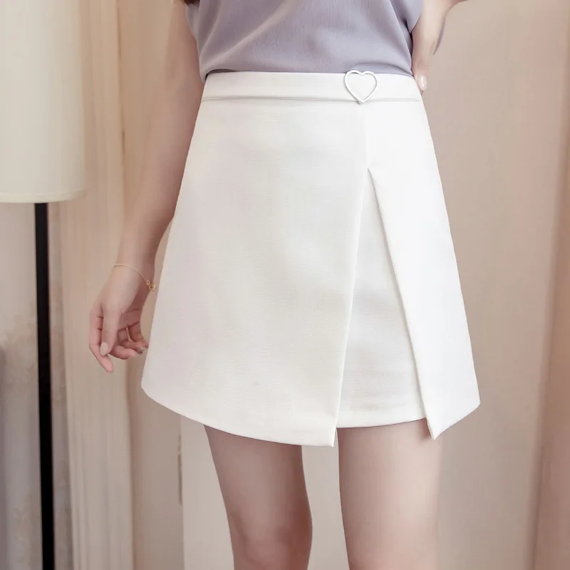 

2019 summer a line skirt women high waist irregular split metal heart skirts womens korean sweet pink white short mini jupe saia