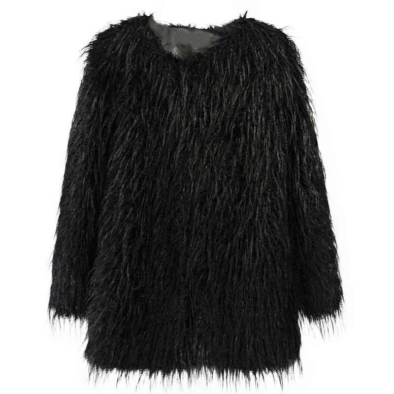 Пушистая женская теплая шуба из искусственного меха куртка размера плюс XXXL овечья шуба женская розовая шуба из искусственного меха зимняя Роскошная верхняя одежда - Цвет: black fur coat