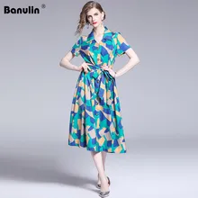 Banulin 2019 Summer Women Runway Bohemian Boho Style Vintage Retro Block Color Striped Geometric Floral Print Midi Dress casual striped color block dress