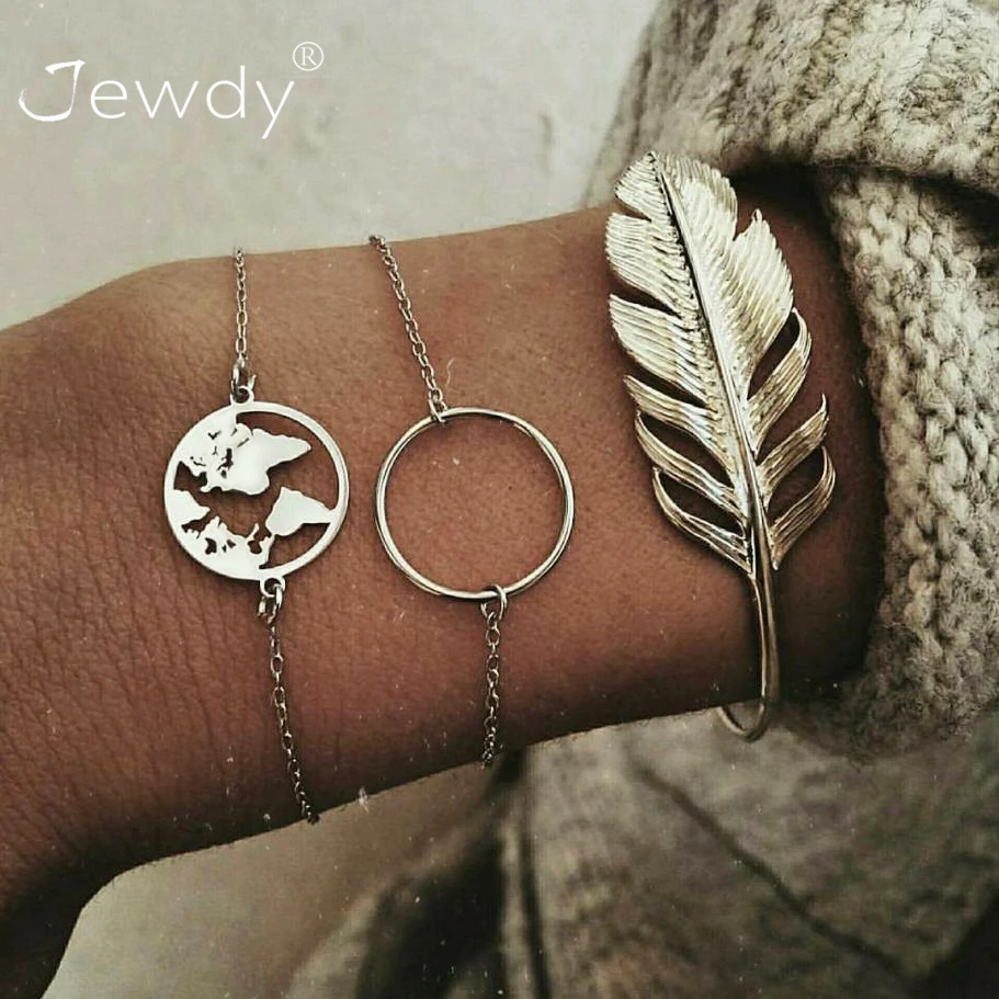 

3 PCS/Set Vintage Feather Earth Map Circle Round Charm Bracelets For Women Multilayer Pendant Silver Bracelet Set Boho Jewelry