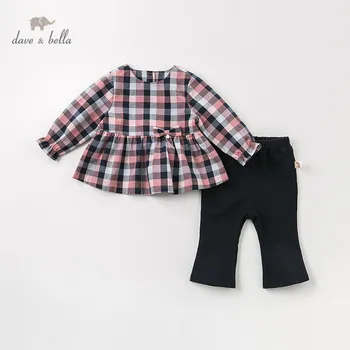 

DB11442 dave bella spring autumn baby girls fashion bow plaid clothing sets kids cute long sleeve sets children 2 pcs suit