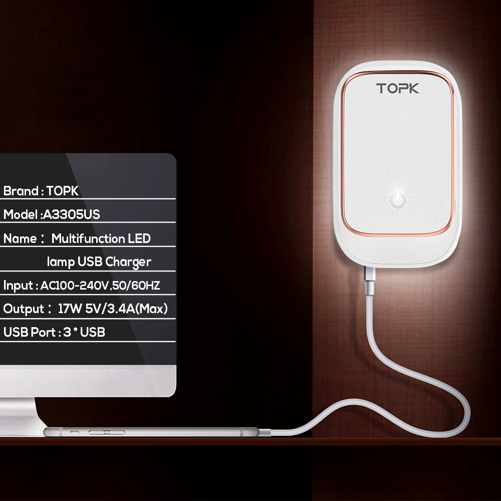 Topk 3-Порты и разъёмы телефон Зарядное устройство 5 В 3.4a(макс.) светодиодный индикатор auto-id USB Зарядное устройство Портативный tarvel ЕС и США Plug стены Зарядное устройство адаптер(белый