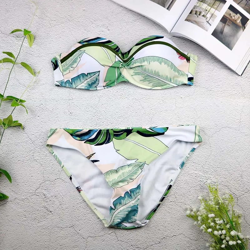 2018 Sexy Leaf Print Bikini Retro Tropical Palm Swimsuit Off Shoulder Push Up Bikini Set Bathing Suit Swimwear Women