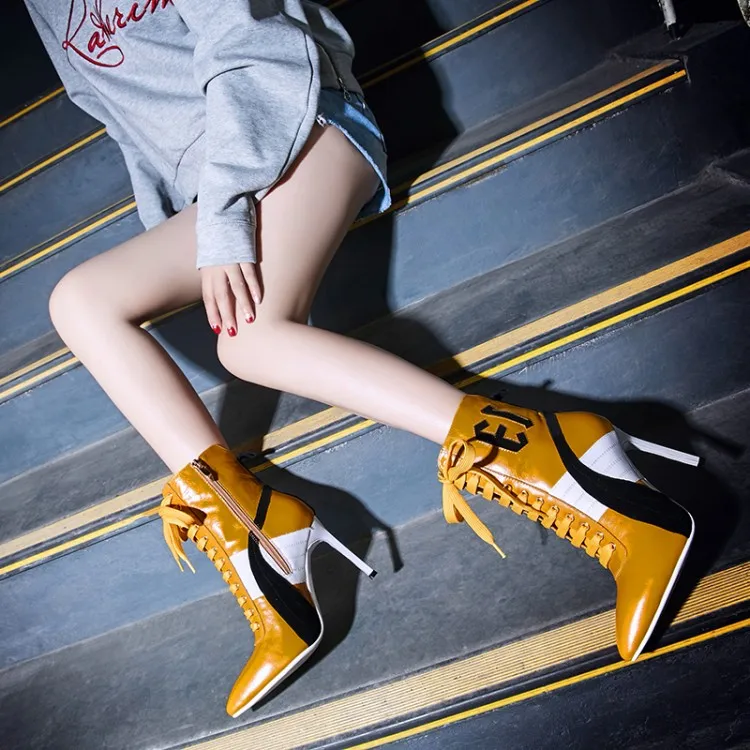 

Runway Women's Ankle Boots Lace Up Stilettos Pointed Toe Genuine Leather Shoes Style Black White Yellow Large Size 4-9.5