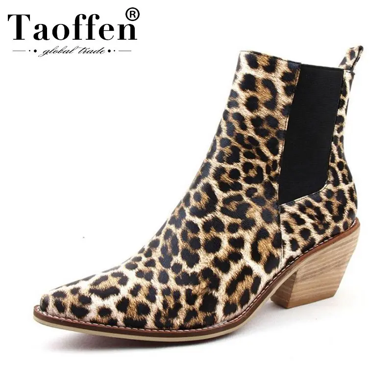 Taoffen Women'S High Heels Ankle Boots Winter Autumn Fashion Leopard Western Cowboy Brand Designer Shoes Women Size 34-43 | Обувь