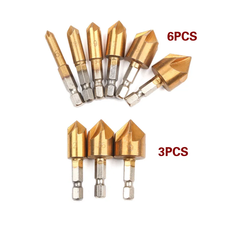 

3/6PCS Hex Shank Chamfering Cutter 5 Flute Chamfer Countersink 1/4" For Woodworking 6/8/9/12/16/19mm Countersink Drill Bit Set
