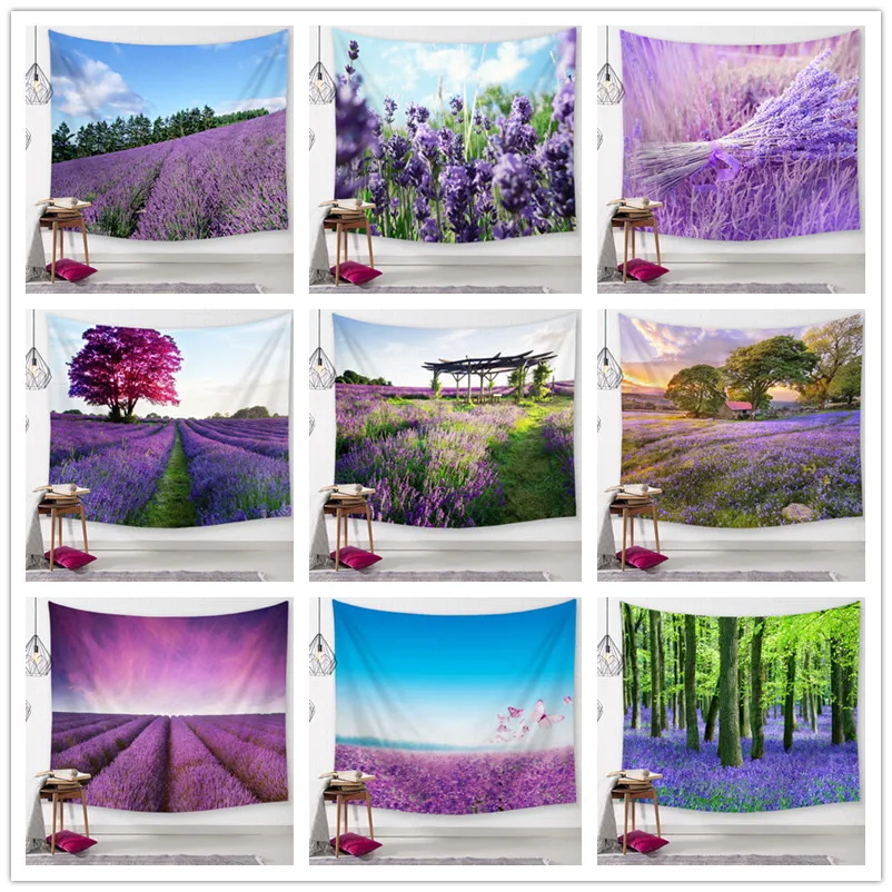 

Lavender Landscape Tapestry High-Definition Map Fabric Wall Hanging Decor Watercolor Map Letter Polyester Table Cover Yoga Beach