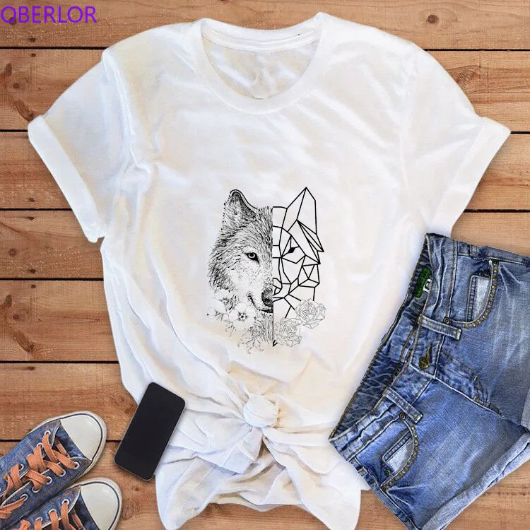 

Women's T-shirt Wolf Rose Funny Shirt Summer Short Sleeve Tee Top Female T Shirt Women Clothing Ropa Animal Print Mujer 2019
