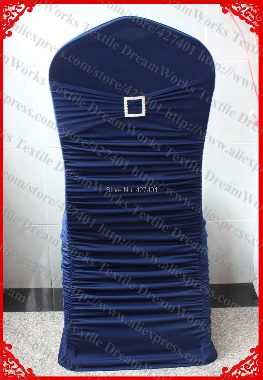 ^*Best Offers NO.13 Navy Blue Ruffled Lycra Chair Covers With Band/Sash And Square Diamond Buckle&Pin For Wedding Banquet Home Decoration