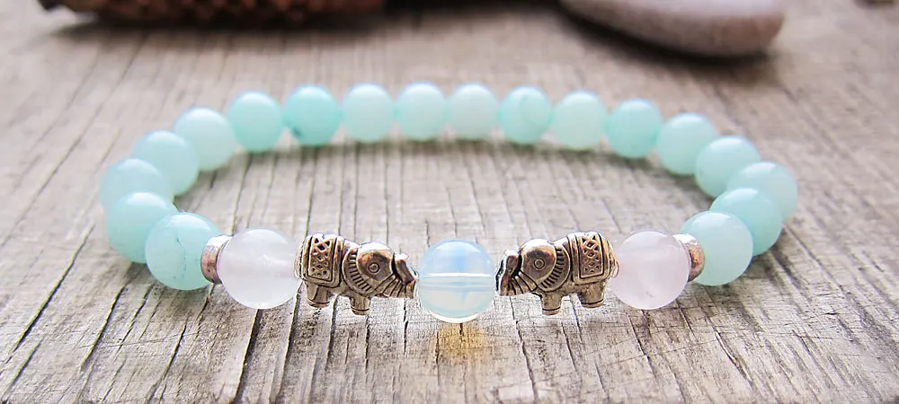 

Nature Stone Opal Pink Crystal Single Color Amazonite Bracelet Women's Bracelets Blue Elephant bracelet Mala Yoga Bracelet