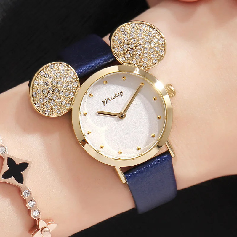

Genuine Disney Brand Mickey Shape Kids Watch Blue Leather Watchband Wristwatch Waterproof Children Watches For Girl Teen