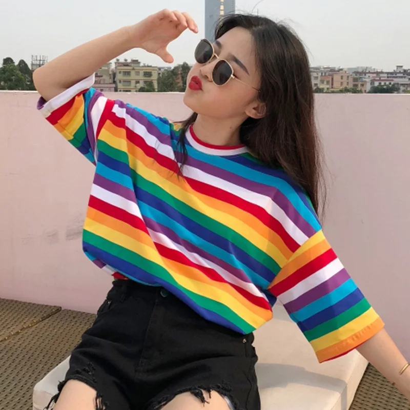 

Funny T Shirt 2019 Fashion Women Rainbow Striped Tops Harajuku Tshirt Summer Short Sleeve Korean Punk T-shirt camiseta feminina