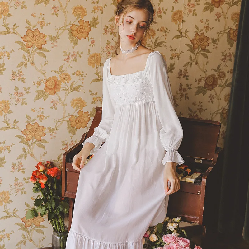 Vintage Night Dress Autumn Women Sleepwear White Cotton Homewear Square Collar Sleepdress Long Sleeve Nightgown Sleepshirts