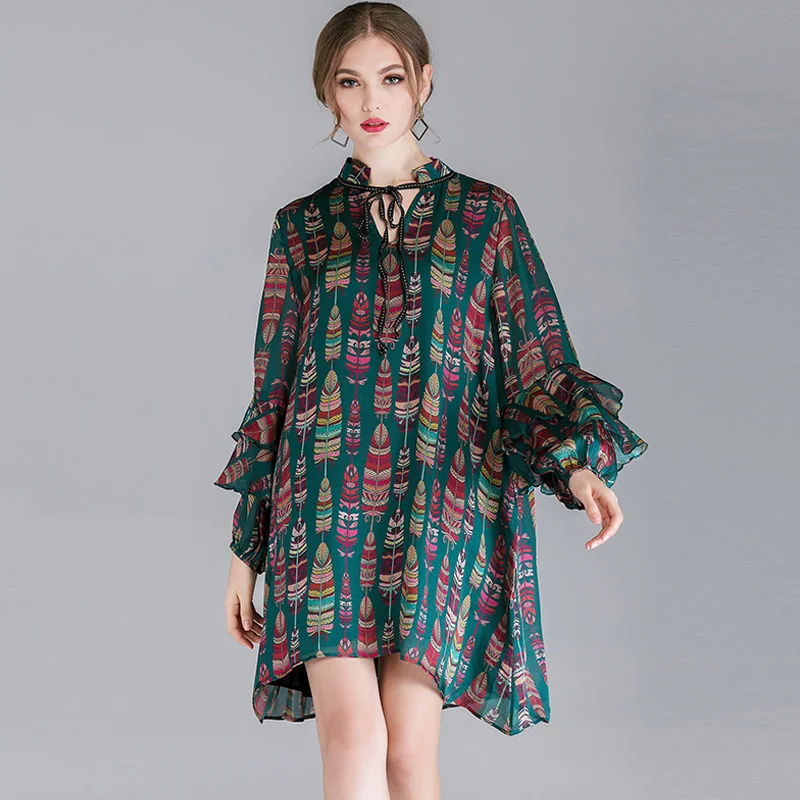 

Large Size Women's Clothing Lace Up 2019 Spring Loose Lotus Layers Sleeves Silk Print Oversized Dress