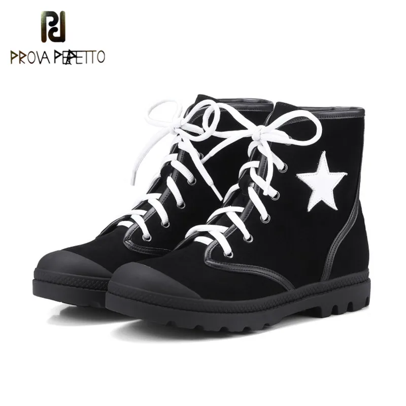 

Prova Perfetto Casual Style Real Kid Suede with Plush Lace-up Short Boot Pentacle Ornamental Flat Round Toe Black Student Boots
