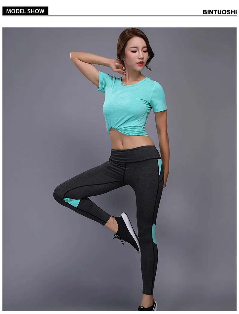 BINTUOSHI, Женский комплект для йоги, для бега, фитнеса, рубашка+ штаны, сжатые Леггинсы для йоги, быстросохнущая одежда для спортзала, Теннисный спортивный костюм