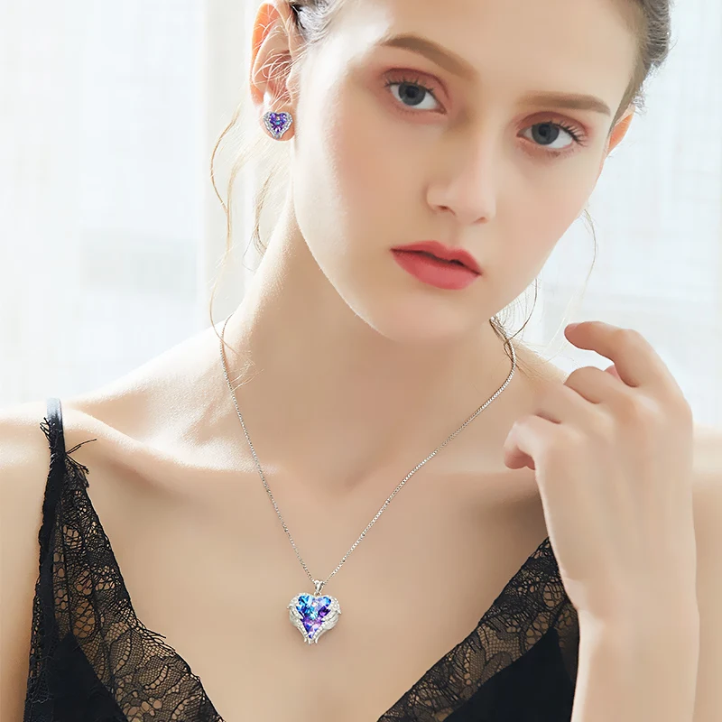 Cdyle cristales de Swarovski de alas de Ángel pendientes collares azul colgante de corazón de cristal conjunto de joyas para mujeres regalos de amor - 5