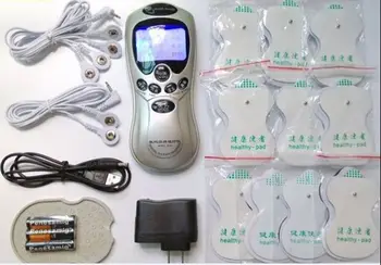 

Retail box 8 models 10 electrode pads+2 cables digital slimming tens acupuncture therapy massager machine muscle stimulator body